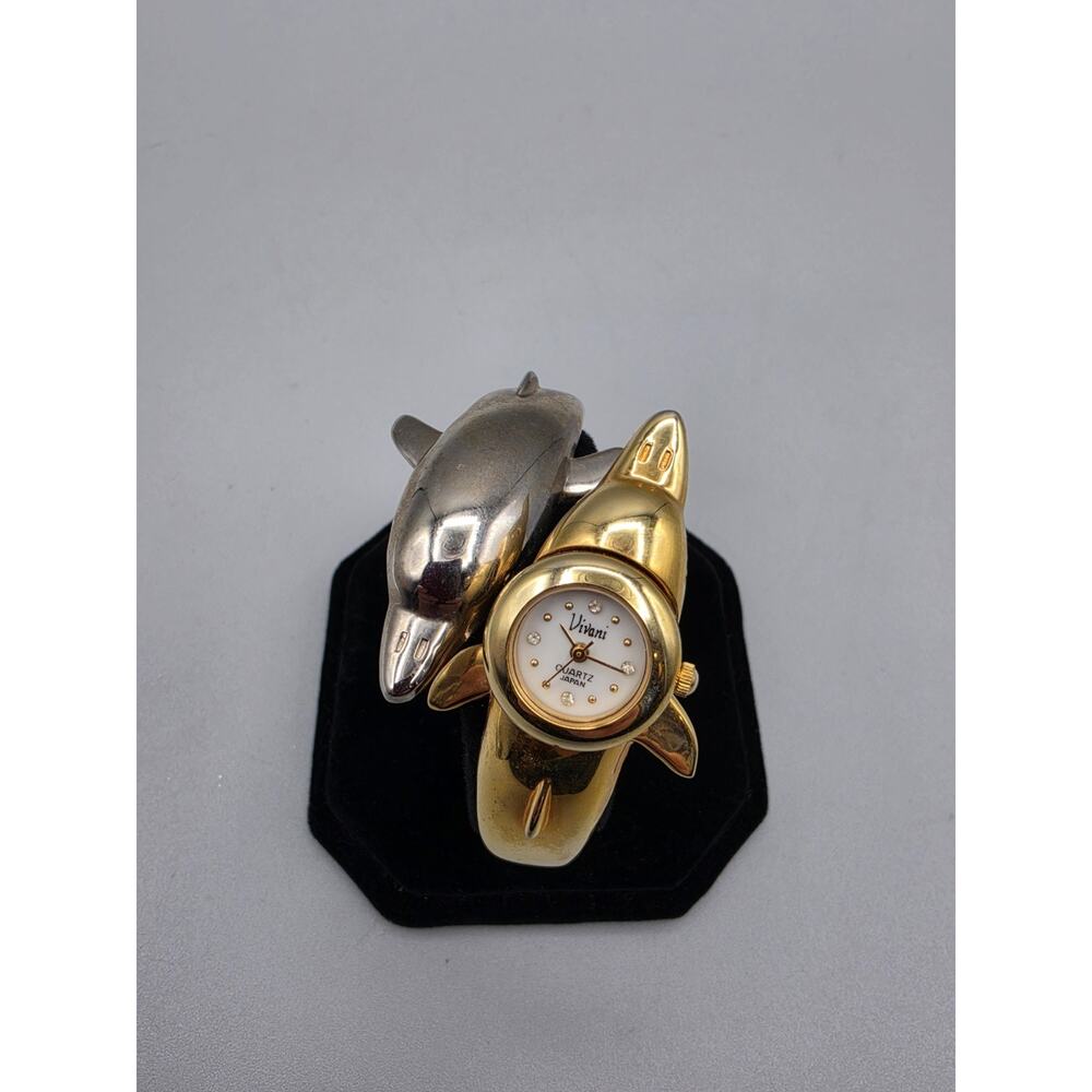 Vintage Vivani Quartz Hinged Dolphin Bangle Cuff 2 Tone Watch
